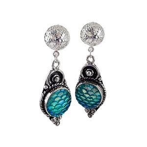 Mermaid earrings blue-green carved titanium set in silver overlay